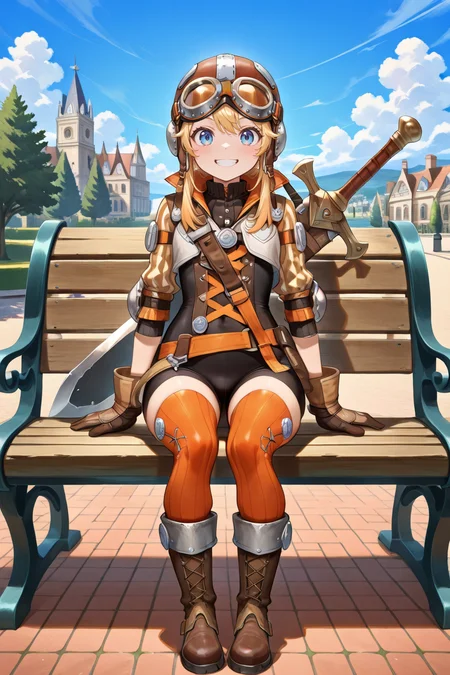 masterpiece, very aesthetic, absurdres, best quality, amazing quality, high resolution, <lora:illustrious_quality_modifiers_masterpieces_v1:0.8> , <lora:ChamIllustriousBackgroundEnhancer:0.5>,  solo   <lora:InzaghiIL:0.8> , InzDef, 1boy, blonde hair, sidelocks, long hair, blue eyes, goggles, goggles on head, goggles on headwear, helmet, armor, elbow pads, orange straps, popped collar, layered shirt, cross-laced top, black bodysuit, bodysuit under clothes, striped sleeves, long sleeves, orange thighhighs, gloves, brown gloves, boots, armored boots, brown boots, weapon, huge weapon, sword, sheathed, sword on back, weapon on back,  smile, solo, exterior, grin, sitting, full body, park bench, park, sky, clouds, looking at viewer, full body, smile,  solo, sitting on bench, capital city, medieval city, blue sky,