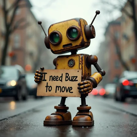 A cute big rusted robot on the side of the road holds a sign in his hand that says "I need Buzz to move." He has very big, watery, pleading eyes as he looks at the viewer. It's cold and wet on the side of the road, and he needs the viewer's help.