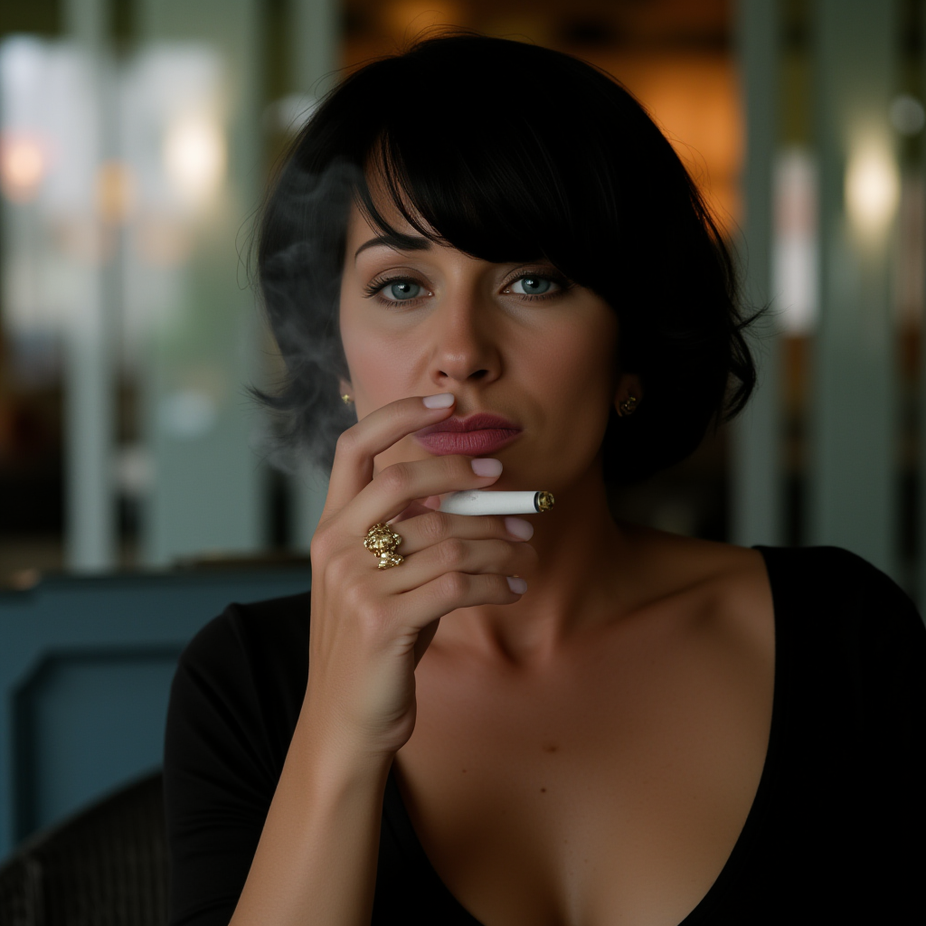 cinematic film still of  <lora:perfection style v2d:1>
A perfect photo of a woman smoking a cigarette in a restaurant,1girl,solo,looking at viewer,short hair,blue eyes,black hair,jewelry,earrings,nail polish,blurry,lips,depth of field,blurry background,portrait,smoke,cigarette,realistic,smoking , detailed face, detailed body, detailed hands, detailed eyes, detailed nose, detailed ears, detailed hair, detailed, perfection, detailed teeth, detailed skin texture, wrinkly, detailed fingers, detailed mouth, beauty, realism, real, detailed hair, detailed pores, detailed background, sharp image, detailed lips, different race, different color, different haircut, different skin tone, different, different people, different pose, perfection style, shallow depth of field, vignette, highly detailed, high budget, bokeh, cinemascope, moody, epic, gorgeous, film grain, grainy