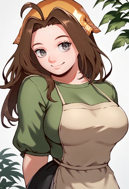 score_9, score_7_up, BREAK, solo, 1girl, smile, looking at viewer, <lora:ibuo_pd_glora:1>, <lora:Celia-pdxl_Fp:0.8>, celiahm, brown hair, grey eyes, ahoge, long hair, bandana, green shirt, apron, skirt, large breasts, arm behind back,