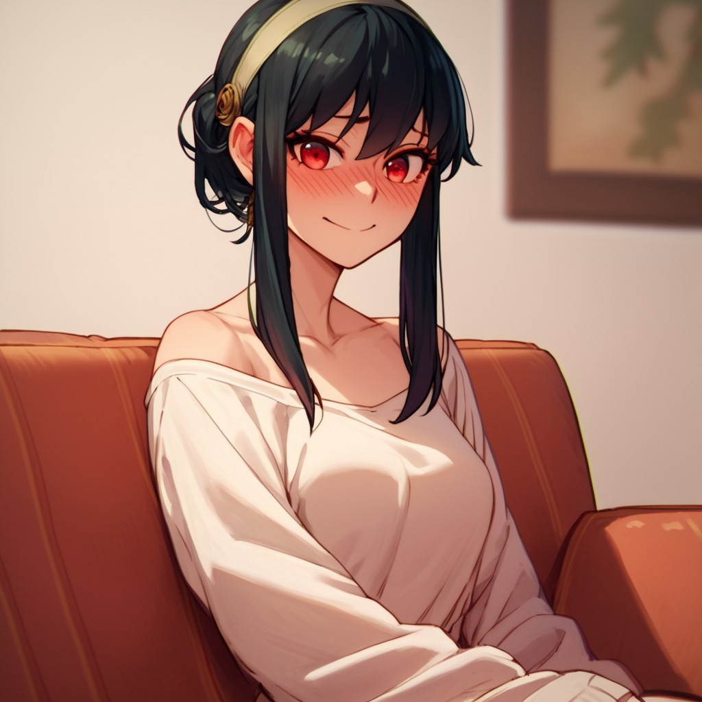 score_9, score_8_up, score_7_up, score_6_up, score_5_up, score_4_up, rating_questionable, Yor, black hair, red eyes, sitting on a couch, embarrassed smile