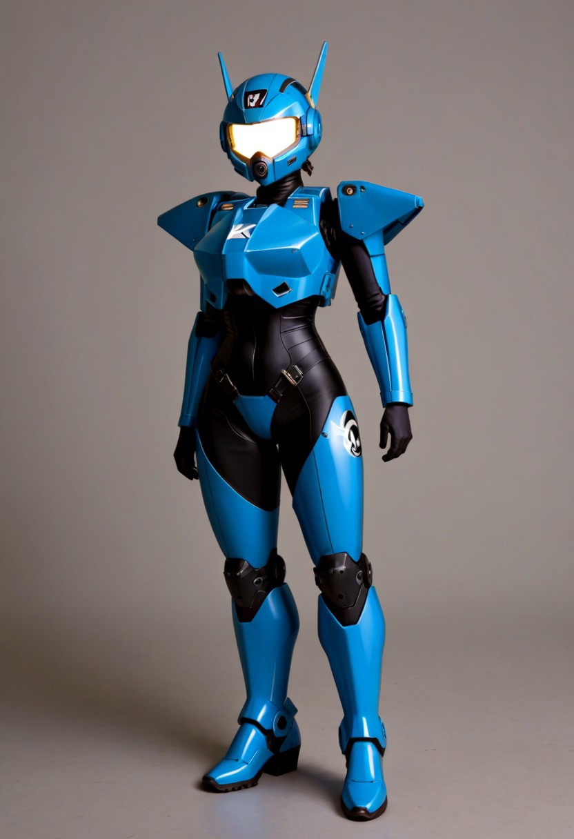 A full length 35mm photo of a sleek futuristic scene, a female gundam robot in a form-fitting gloss robins egg blue armored suit with silver accents, wearing leather boots, she is exuding a sense of strength and unity, standing in a military hangar, smooth featureless face
TheFaceLess, Polaroid Style, Polaroid photography, over exposed style, flash photography style, Kodak, fujifilm, bright light, white light