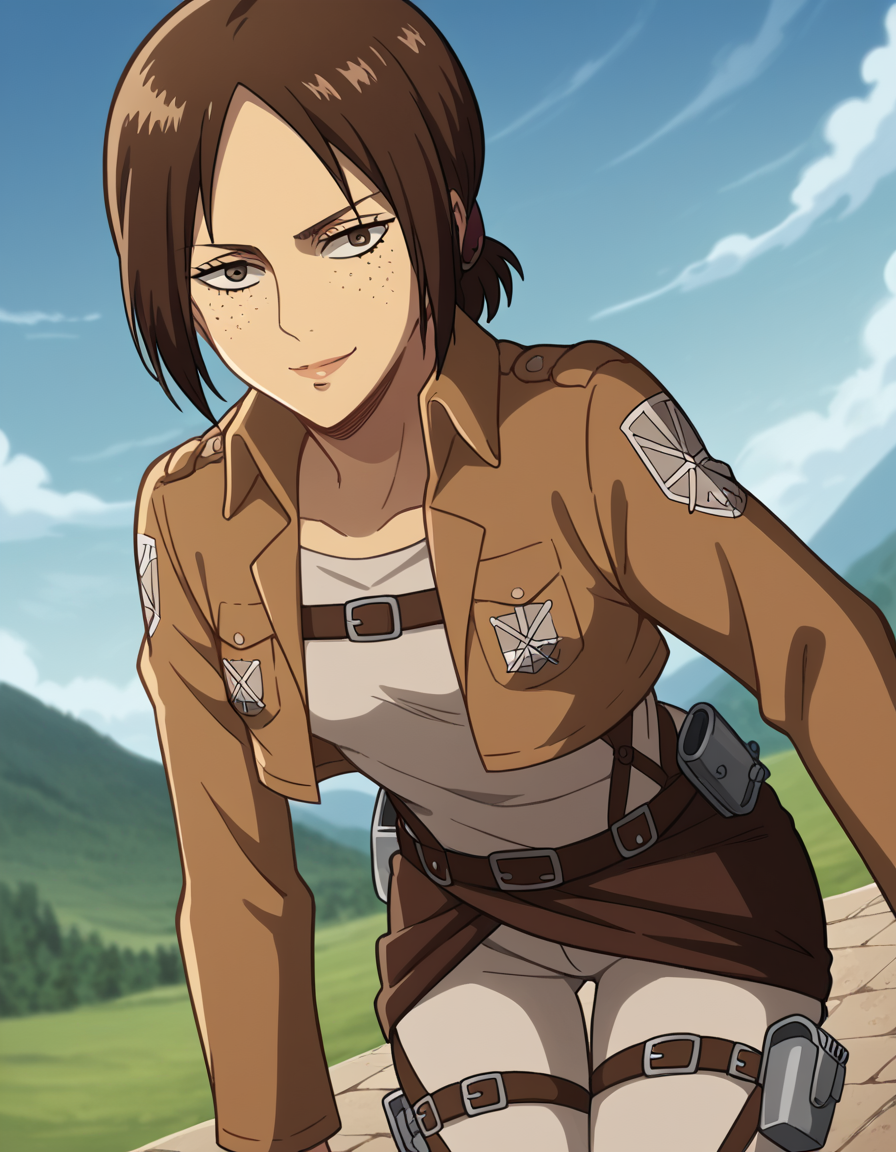 score_9, score_8_up, score_7_up, source_anime, <lora:kyojin-ymir-s1-ponyxl-lora-nochekaiser:1>, ymir, short hair, brown hair, brown eyes, ponytail, freckles, mature female, small breasts,, <lora:paradis-military-uniform-ponyxl-lora-nochekaiser:1>, paradis military uniform, belt, cloack, cropped jacket, emblem, green cloak, jacket, long sleeves, pants, shirt, thigh strap, uniform, white pants, white shirt, brown jacket,, landscape, bent over, smile, looking at viewer, solo,, cowboy shot, dutch angle