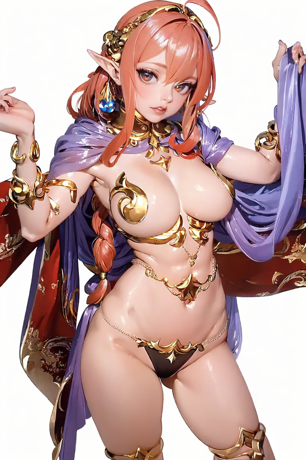 (cowboy_shot:1.5),(white background:2),
curvy,oval face,(red hair:1.5),messy hair,ahoge,(very long hair:1.4),crossed bangs,makeup,fundoshi,long_eyelashes,light_blush,black eyes,(front view:1.5),(looking_at_viewer:1.2),<lora:é»ç²¾çµSD1.5:0.8>,1girl,breasts,solo,thighlet,jewelry,bikini armor,armor,anklet,armlet,barefoot,elf,, (masterpiece:1.2),best quality,masterpiece,highres,original,extremely detailed wallpaper,perfect lighting,(extremely detailed CG:1.2),
