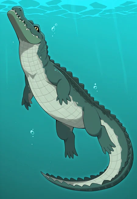 CrocodileLora, score_9, score_8_up, score_7_up, score_6_up, score_5_up, score_4_up, source_furry, source_cartoon, hi res, sfw, solo, 1boy, no humans, 2D artwork, cartoon style, digital art, 

Crocodile, crocodilian, scalie, feral, dark scales, green scales,

sharp teeth, large jaw, yellow eyes, small crocodile, long body, long neck, 5 fingers, 4 toes, short arms, short legs, webbed feet, ridged tail, long tail, ridged back, 

underwater, swimming, happy expression, looking at a fish, cute, 

full body,

aqua background, on water, water,