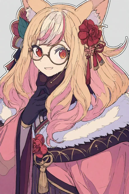 1girl,
gloves, animal ears, pink hair, solo, flower, black gloves, hair ornament, hair flower, multicolored hair, japanese clothes, long hair, kimono, monocle, red flower, animal ear fluff, outline, white outline, simple background, open mouth, upper body, fur collar, fur trim, pink kimono, fox ears, white background, rose, two-tone hair, virtual youtuber, tassel, looking at viewer, :d, blonde hair, smile, streaked hair, red eyes,
.
masterpiece, best quality, very aesthetic, absurdres
<lora:ç¦è¶forNoob:0.95>