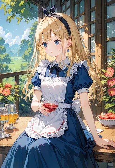 1girl, human, female, solo, score_9, score_8_up, score_7_up, source_anime, best quality, anime_coloring, anime_screencap, outdoors,
fantasy, fairy forest colorful details, tea, table, drink me,
<lora:lora_YamiStyle_xl_v1_pony:0.2> <lora:AliceInWonderlandXLPony_character:1:0.6> AliceWaifu, blue eyes, blue dress, white pantyhose, apron, black hairband, blonde,