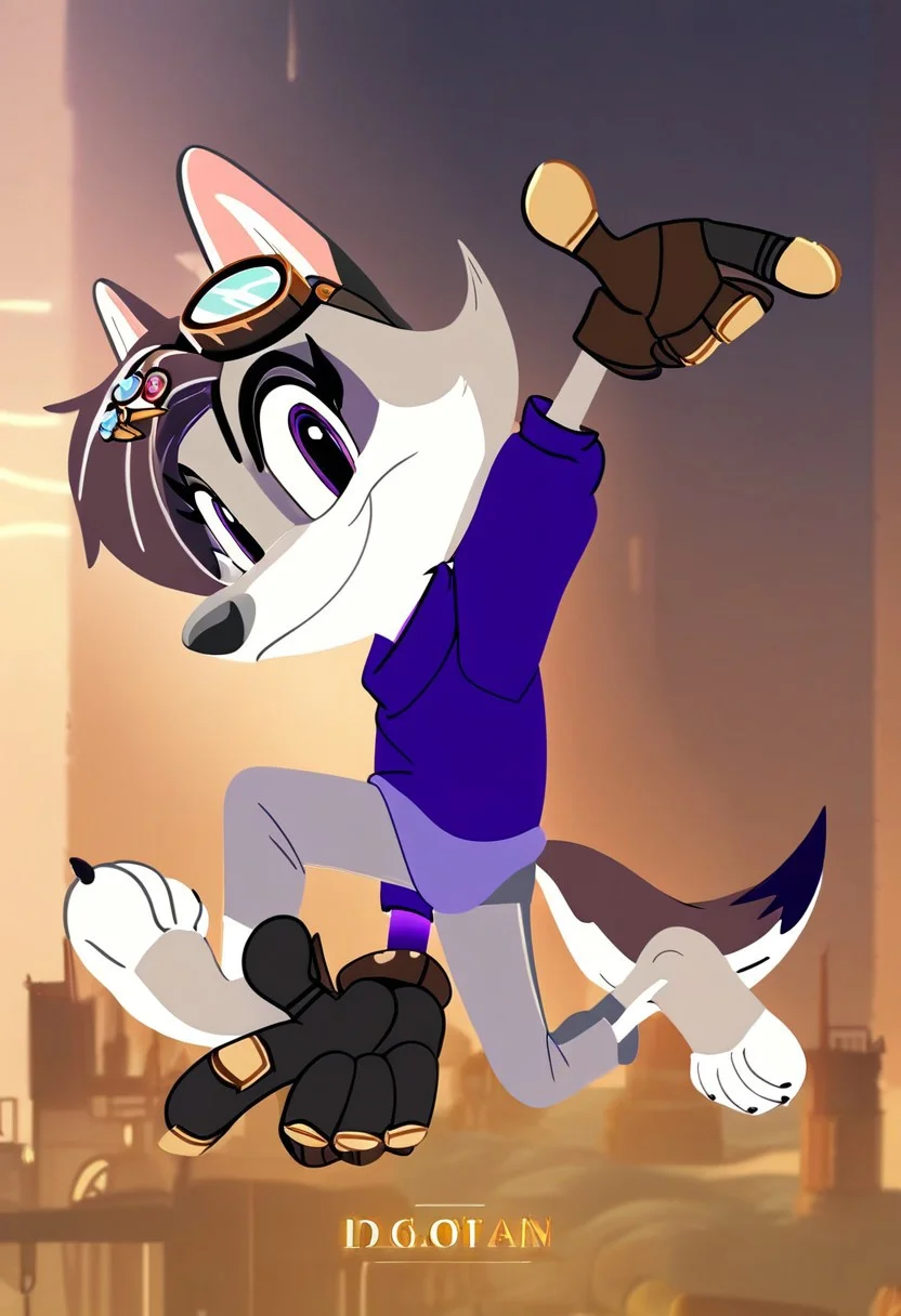 score_9,score_8,score_7,source_furry,
v10l3tw0lf,
furry female, violet_wolf, violet_wolf_great_wolf_lodge, wolf girl, female, 1girl, solo, tail, animal ears, furry, claws, hair ornament, looking at viewer, purple eyes, steampunk city background, multicolored hair, hairclip, body fur, artist name, barefoot, purple shirt, safe, steampunk, steampunk goggles, goggles, grey pants, purple shirt, goggles, official art, official style, Stable_Yogis_PDXL_Positives, mechanical gauntlet on left arm, brown, gloves, gloves, smile, Sonic Adventure Pose, Pose, looking at viewer,