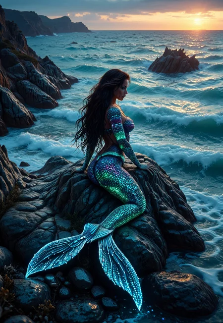 A cinematic photo of a siren mermaid creature woman made of LED lights is leaning on a rock in the ocean water, masterpiece, best quality, very aesthetic, 4k, highly detailed, sharp focus, dynamic lighting, flux-style, q2wz2,