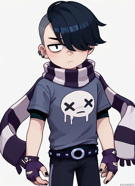 score_9, score_8_up, score_7_up, <lora:bsedgar:1>bsedgar , 1boy , short hair , black hair, hair over one eye, ear piercing, solo,striped scarf grey shirt, short sleeves, belt , black pants ,black gloves, fingerless gloves, black nails, <lora:PossumMachine:1>posmach , confused, looking at viewer, , ??? , simple background, ??,