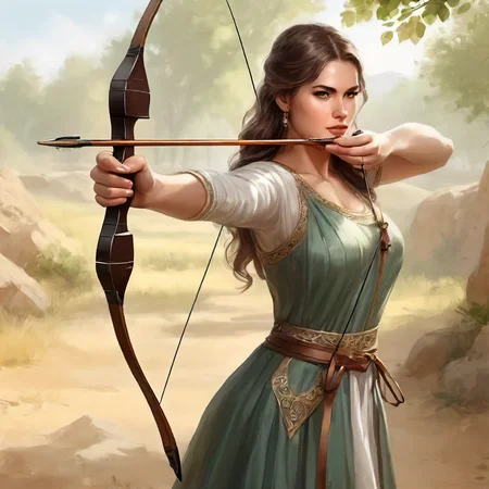 1girl,recurve bow , Aiming a Bow, firing and arrow,long bow,realistic photo, long bow, athletic 1person, standing, long bow \(weapon\), holding bow \(weapon\), drawing long bow, archery,d1 dress, cloth<lora:mergedarchedlora:0.7>