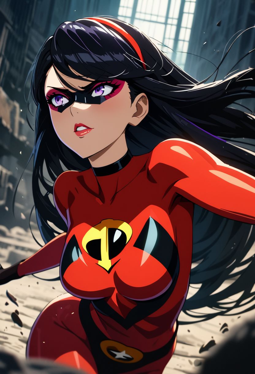 1girl, violetparr (/The Incredibles)/,(ultra HD quality details), black hair, long hair, hairband, purple eyes,
red bodysuit, mask, solo,  black choker, eyeliner,  gorgeous lips, cinematic, (masterpiece), (best quality), (ultra-detailed), very aesthetic, illustration, perfect composition, intricate details, absurdres, detailed face, hipattack, jumping, motion blur, depth of field, (anime, masterpiece, intricate:1.3), (best quality, hires textures, high detail:1.2), (4k),(incredibly detailed:1.4) 
high contrast, dark room, shiny neon, bright colors, dark shadows, detailed skin, eyeshadow, nsfw,