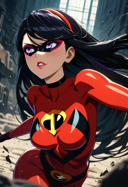 1girl, violetparr (/The Incredibles)/,(ultra HD quality details), black hair, long hair, hairband, purple eyes,
red bodysuit, mask, solo, black choker, eyeliner, gorgeous lips, cinematic, (masterpiece), (best quality), (ultra-detailed), very aesthetic, illustration, perfect composition, intricate details, absurdres, detailed face, hipattack, jumping, motion blur, depth of field, (anime, masterpiece, intricate:1.3), (best quality, hires textures, high detail:1.2), (4k),(incredibly detailed:1.4)
high contrast, dark room, shiny neon, bright colors, dark shadows, detailed skin, eyeshadow, nsfw,