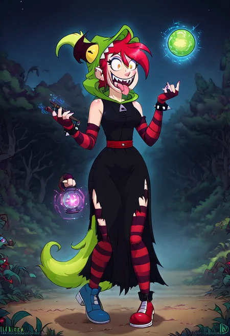 ((score_9, score_8_up, score_7_up, best quality, masterpiece, smooth shading, solo, full body)), (((haunted forest, dry trees, branches, fog, night, easynegative))), ((female, 1girl)), ((black robe, witch hat:1.30)), ((standing, posing)) ((slim body:1.1)), holding a magical orb in hand, casting a magic spell, female, eyelashes, demencia, red hair, green ponytail, striped thighhighs, single striped sock, anklet, green monster hood, yellow eyes, sharp teeth, single striped sleeve, red sneaker, blue sneaker, smile, eyeshadow, spiked bracelet, torn pantyhose, glove, tongue out