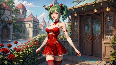 score_9, score_8_up, score_7_up, score_6_up, <lora:Akubaraltstyle:0.8>, Akubaraltstyle, 1girl, <lora:Hikage_XL:0.8>, hikage_xl, green hair, short hair, twintails, thighhighs, Participate in a holiday parade in festive clothing., Glum: A sullen face that radiates unhappiness., Tranquil garden with a gazebo and blooming roses,, big breasts, slim body, (an extremely delicate and beautiful), kawaii, cute, small face, large breasts,, (HQ, masterpiece, best quality, ultra-detailed), cinematic lighting, Intricate, High Detail, Sharp focus, dramatic, masterpiece, best quality, ultra-detailed, detailed, detailed body, detailed face, good anatomy, perfect hands, perfect fingers, perfect face, perfect human body,,