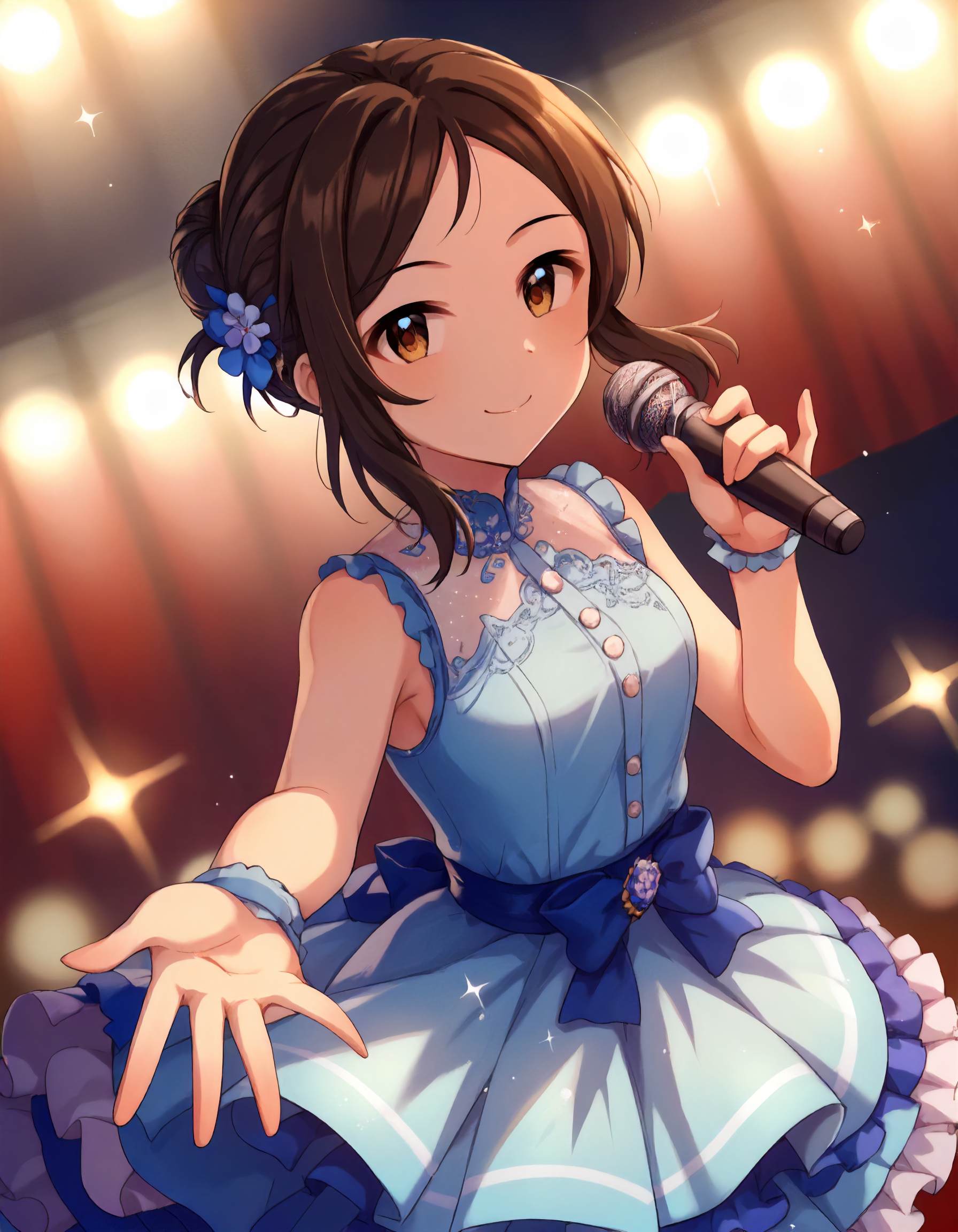 score_9,score_8_up,score_7_up,1girl,solo,cowboy shot,looking at viewer,smile,closed mouth,holding microphone,stage lights,
<lora:ayasehonoka_ponyXLV6:0.8>,cgayh,
brown hair,single hair bun,brown eyes,
blue dress,sleeveless,frilled skirt