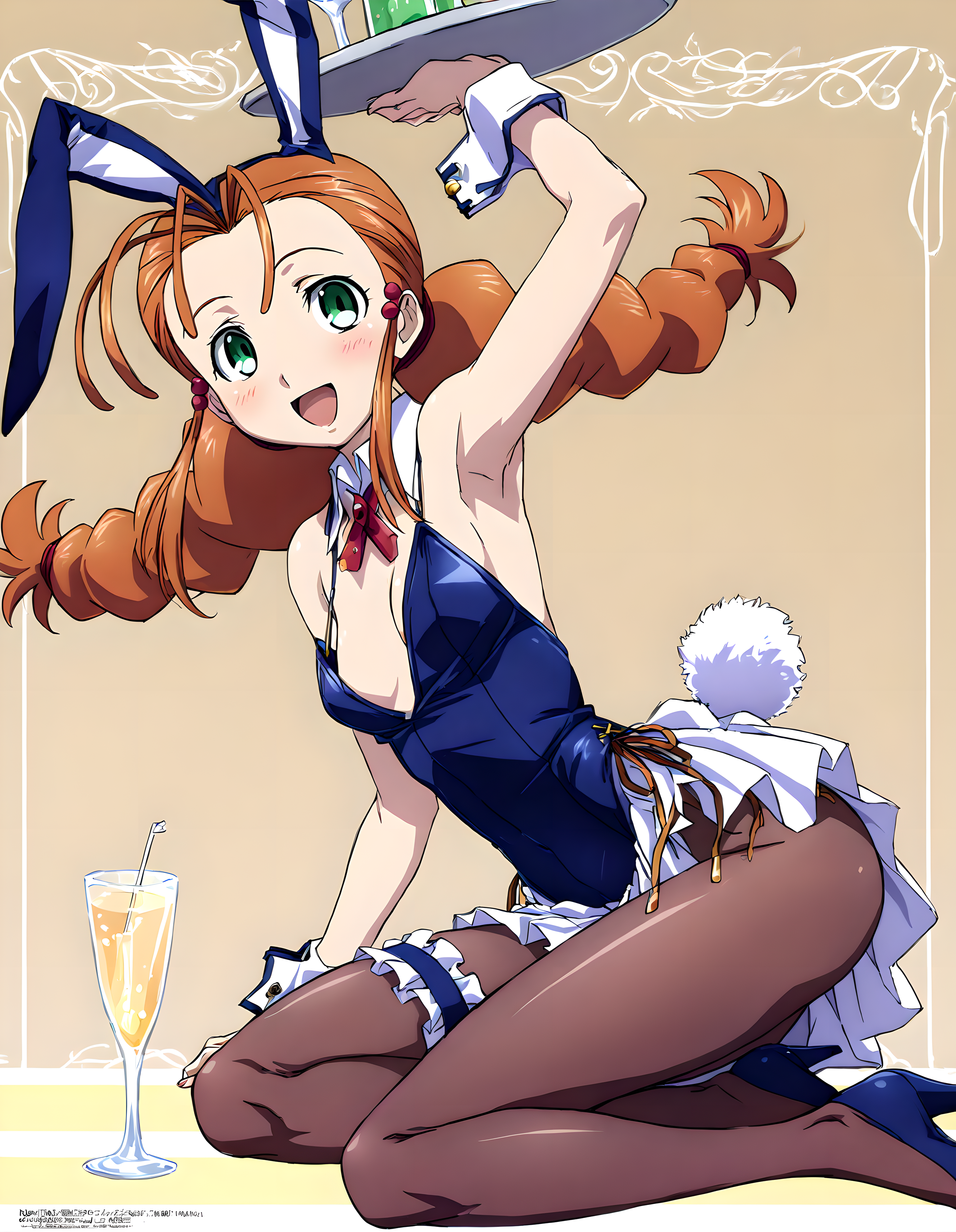 <lora:illustrious_XL_wendy:0.9>,wendy,masterpiece,best quality,good quality,1girl,solo,playboy bunny,rabbit ears,rabbit tail,alternate costume,fake animal ears,wrist cuffs,skirt,pantyhose,bridal garter,high heels,cup,drinking glass,arm up,armpits,tray,looking at viewer,smile,open mouth,