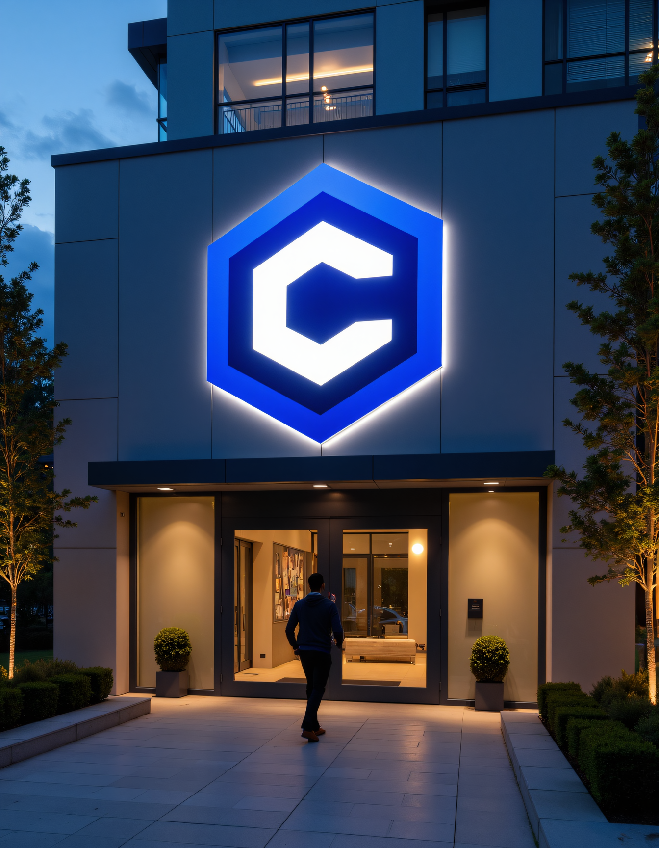 Capture the entrance of a modern office building with the civitaiLogo logo displayed on the exterior signage. The logo is illuminated, making a strong first impression on visitors as they approach the entrance
<lora:civitaiLogoFlux:1>