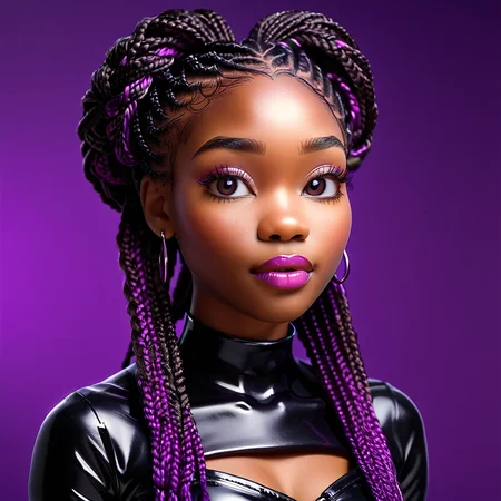 score_9, score_8_up, score_7_up, score_6_up, score_5_up, score_4_up, 1girl, solo, 40 years old, beautiful woman, mature woman, beautiful face and eyes, sexy lips, (multicolor box braids, black and purple braids, thick box braids), neon background, lipstick and eyeshadow, realistic, latex gloves, latex boots, cute, black woman, dark skin, (high angle, full body), high detail, cute, edgy, side view<lora:Pony_XL_Colorful_Box_Braids-000006> <lora:detailed_notrigger> <lora:Cute_3D_Cartoon> <lora:black_woman-000002>