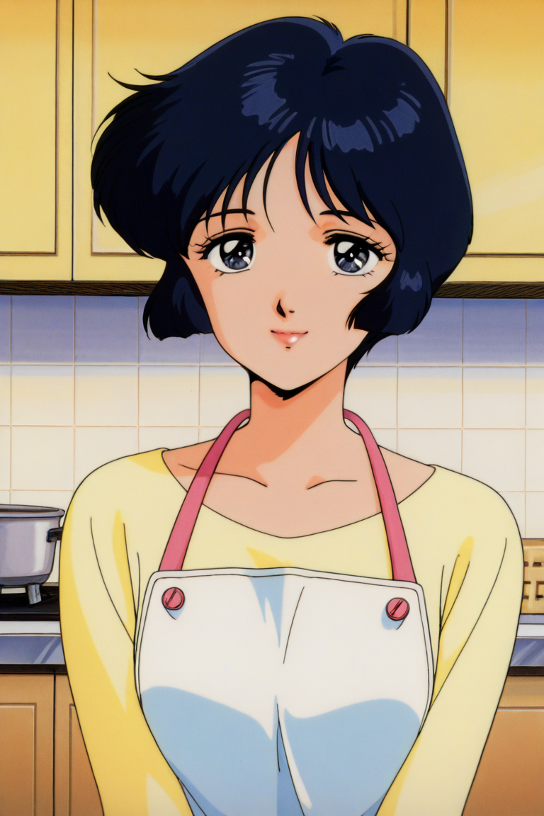 masterpiece, best quality, source_anime,official art,perfect_anatomy,1990s_\(style\),retro_artstyle,1female,mm,Momoko Hanazono,black_eyes,black_hair,short_hair,yellow_shirt,white_apron,looking at viewer,smile,lips,upper body,indoors,kitchen