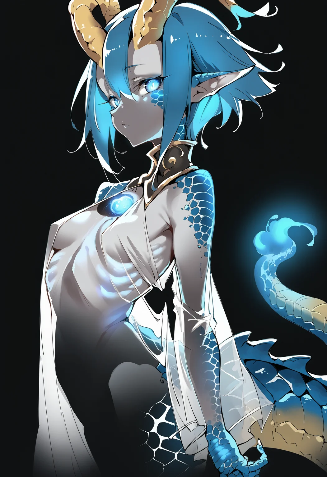 score_9, score_8_up, score_7_up, score_6_up, source anime, dark theme,
skadi dragenfelt, bioluminescence, 1girl, glowing heart, see-through, horns, solo, tail, blue eyes, blue glow, blue hair, glowing, dragon girl, scales, black background, short hair, monster girl, dragon tail, simple background, looking at viewer, breasts, small breasts, dragon horns, see-through silhouette, pointy ears, cowboy shot, ribs, from side, standing,
masterpiece, best quality, very aesthetic, absurdres
<lora:bioluminescence_monmusu_v15:1>