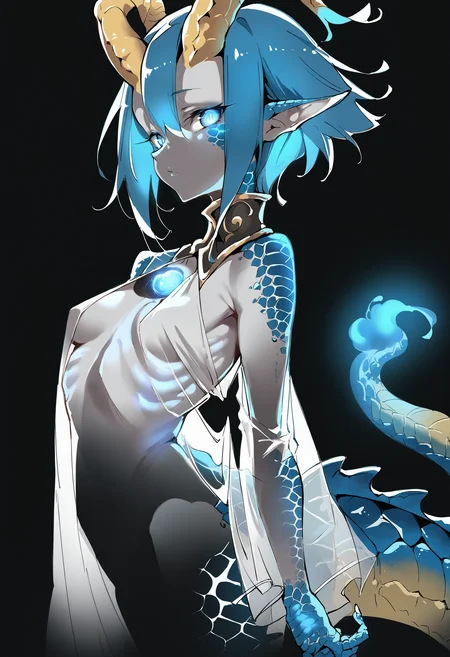 score_9, score_8_up, score_7_up, score_6_up, source anime, dark theme,
skadi dragenfelt, bioluminescence, 1girl, glowing heart, see-through, horns, solo, tail, blue eyes, blue glow, blue hair, glowing, dragon girl, scales, black background, short hair, monster girl, dragon tail, simple background, looking at viewer, breasts, small breasts, dragon horns, see-through silhouette, pointy ears, cowboy shot, ribs, from side, standing,
masterpiece, best quality, very aesthetic, absurdres
<lora:bioluminescence_monmusu_v15:1>