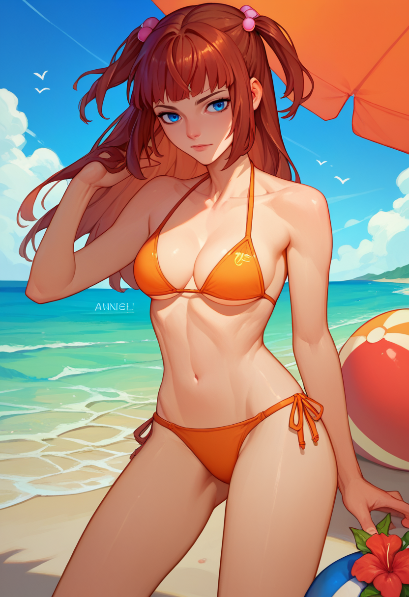 score_9, score_8_up, score_7_up,1girl,  Ange, brown hair, two side up, blue eyes,  bikini, beach, <lora:Ange 4-000008:1>