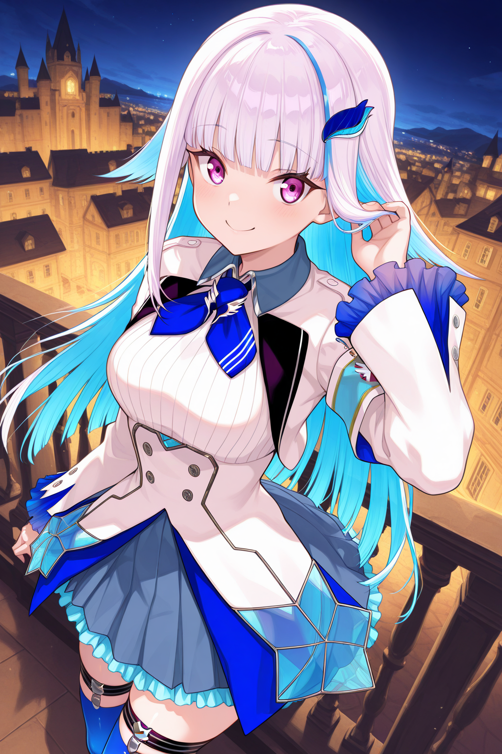 1girl, LizeHelestaNijisanji, 
general, solo, dynamic angle, from above,
dating, purple eyes, looking at viewer,
smile,
long hair, white jacket, adjusting hair,
frilled sleeves, armband, 
blue necktie,
collared shirt, large breasts,
frilled skirt, thigh strap, blue thighhighs,
night, balcony, in the castle,
<lora:kp_LizeHelestaNijisanji1stCostumeIllustrious_v1_0:1.0>,
masterpiece, best quality, amazing quality
