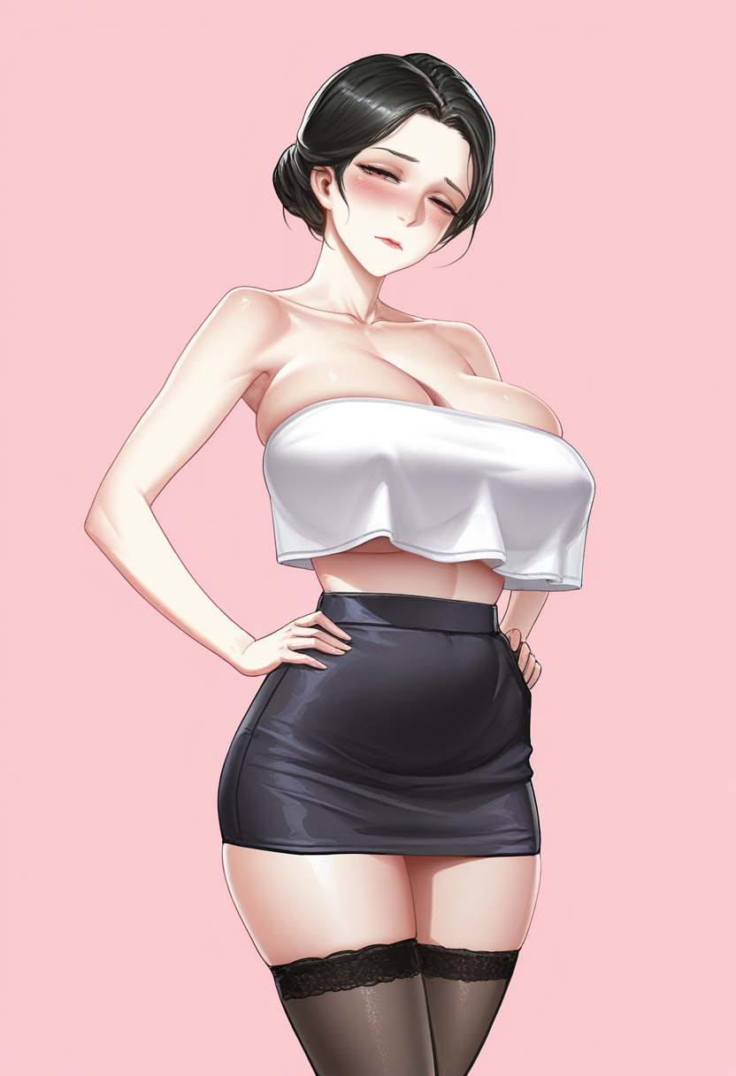 masterpiece, best quality,  <lora:JM:1> J0t43M3, mature female, 1girl, solo,standing,hands on own hips, looking at viewer, half-closed eyes, blush,black hair, short hair, white tube top, crop top overhang, strapless, thighhighs, zettai ryouiki, collarbone, cleavage, black miniskirt, pink background, simple background, portrait,