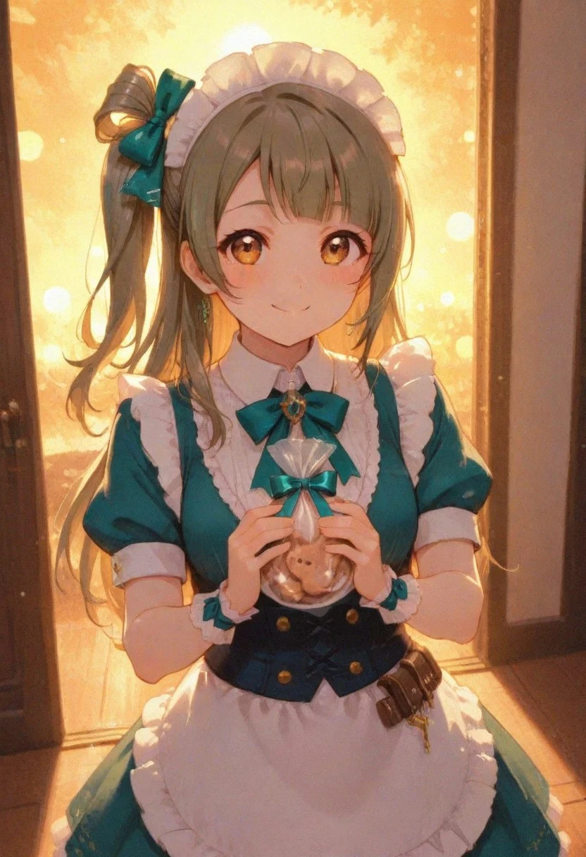 masterpiece, best quality, absurdres, volumetric lighting, ambient occlusion, luminescent background,,, soft light bloom, (bokeh effect:1.2), ,masterpiece, best quality, very awa, absurdres,light background,sweet,cute,wholesome,bag of cookies
BREAK
lovelive_kotori, grayish brown hair,light brown hair, green hair bow, bangs, one side up, long hair, brown eyes,maid, maid headdress,food, gift bag,green bow,smile,looking at viewer,