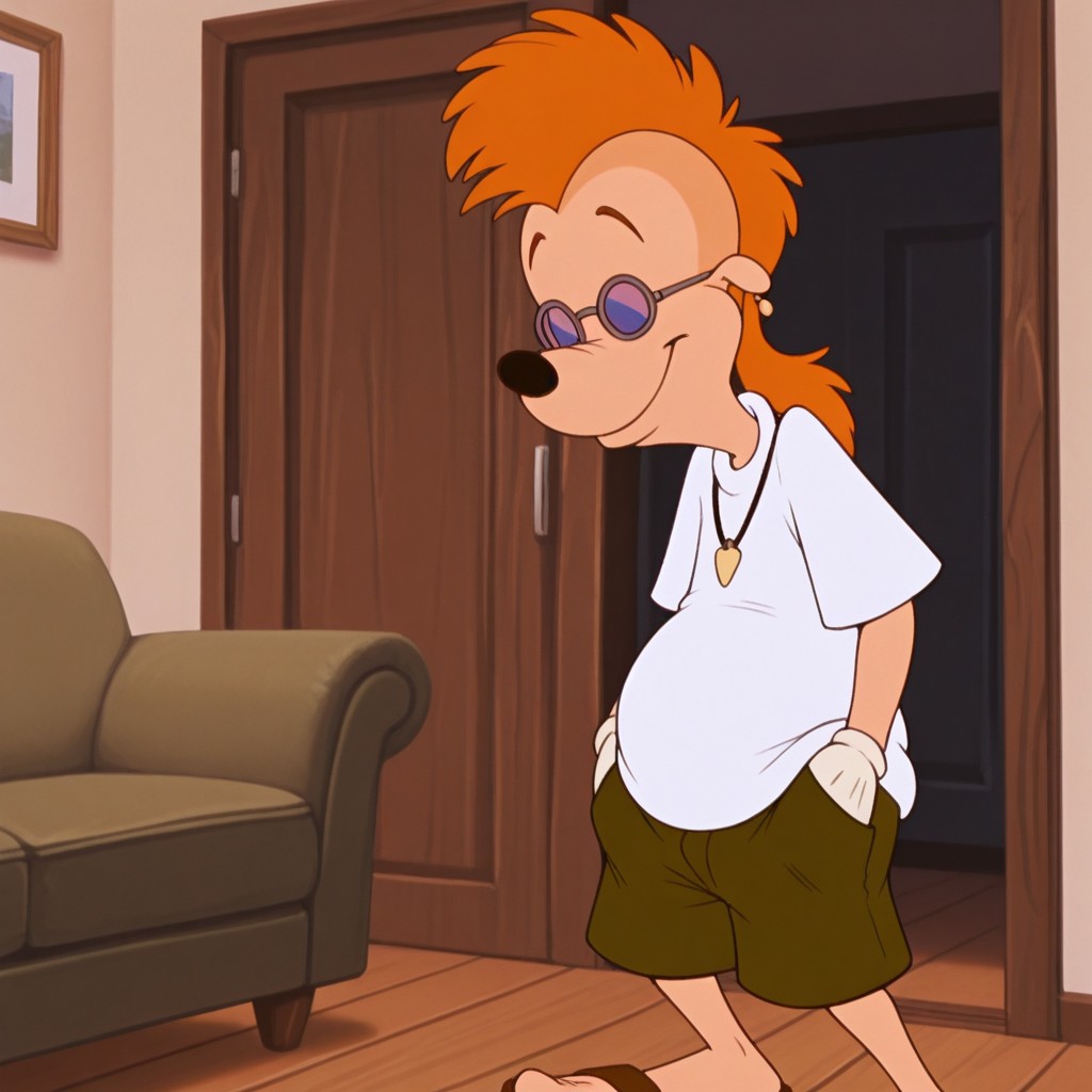 masterpiece, best quality, amazing quality, official style, r0b3rtz1m, male, furry male, anthro, solo, orange hair, long hair, mohawk, black nose, small ears, slightly chubby, glasses, earring, necklace, white gloves, white t-shirt, green shorts, sandals, standing, smile, hands in pockets, indoors, living room