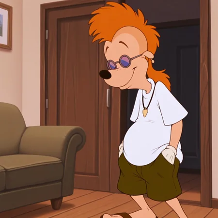 masterpiece, best quality, amazing quality, official style, r0b3rtz1m, male, furry male, anthro, solo, orange hair, long hair, mohawk, black nose, small ears, slightly chubby, glasses, earring, necklace, white gloves, white t-shirt, green shorts, sandals, standing, smile, hands in pockets, indoors, living room