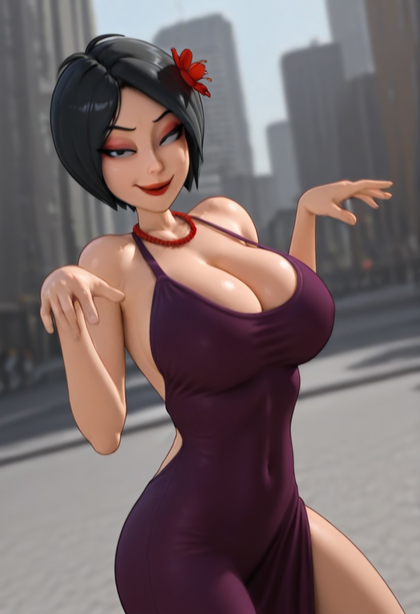 ChaseLB, 1girl, solo, short hair, black hair, bangs, black eyes,  full lips, large breast, large butt, thick thighs, red flower in hair, red lipstick, makeup, red beads necklace, jewelry, cleavage, purple backless dress, cutout dress,
,seductive pose, sexy pose, tease, 
masterpiece, best quality, fine details, intricate details, depth of field, subsurface scattering, bokeh,
 ultra-detailed, very aesthetic, detailed background, newest, scenery, highres, absurdres, colorful, vibrant, glowing, perfect face, 2d, perfect eyes,  vibrant saturated colors, volumetric lighting, sharp, detailed eyes, perfect anatomy,  perfect face, perfect eyes, mature body, clear eyes, beautiful eyes, athletic, curvy body, athletic girl, perky tits, perfect tits, round breasts, pinup pose, teasing, lustful expression, perfect hands, 
muscular female, dutch angle,  dynamic pose,
naughty smile,  city,
,Smooth Negative, Smooth_Quality,