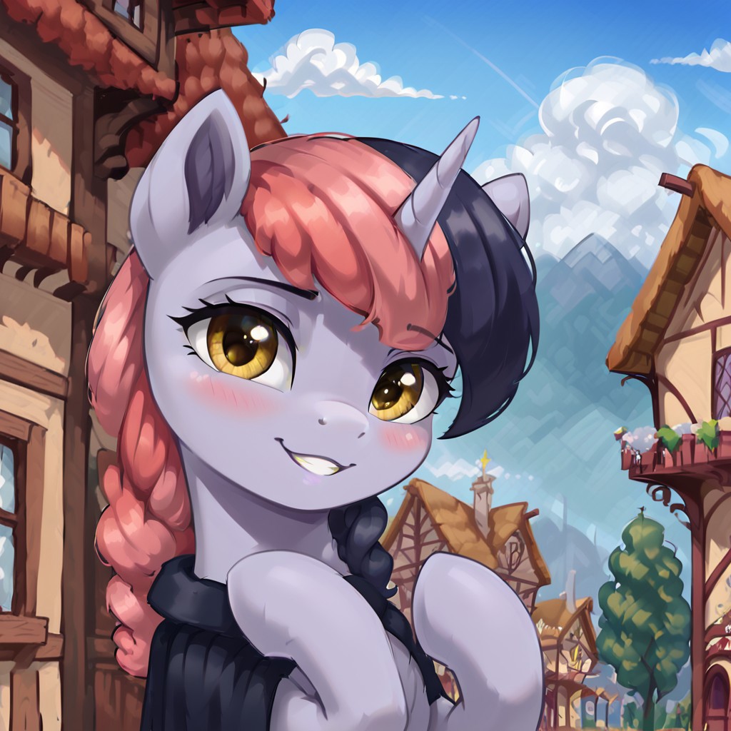 masterpiece, score_9, score_8_up, score_7_up, (best quality:1.1), ultra-detailed, high resolution, solo, Shinespark, pony, unicorn, feral, female, (((beautiful detailed yellow eyes))), long eyelashes, fluffy pony ears, horn, light lavender skin, two toned mane, pastel pink mane, dark purple mane, emblem of the Firtree Magocracy nation on the neck, black cloak, highly detailed macro illustration, smiling, blushing, mlp, outside, Highly Visible, (((8k))), sharp focus, perfect lighting, anatomically correct, extremely detailed, shine on body, (Pony town), high detail, cute pony face, Expressiveh, detailed background, OverallDetail, zPDXL2,