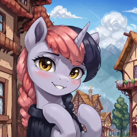 masterpiece, score_9, score_8_up, score_7_up, (best quality:1.1), ultra-detailed, high resolution, solo, Shinespark, pony, unicorn, feral, female, (((beautiful detailed yellow eyes))), long eyelashes, fluffy pony ears, horn, light lavender skin, two toned mane, pastel pink mane, dark purple mane, emblem of the Firtree Magocracy nation on the neck, black cloak, highly detailed macro illustration, smiling, blushing, mlp, outside, Highly Visible, (((8k))), sharp focus, perfect lighting, anatomically correct, extremely detailed, shine on body, (Pony town), high detail, cute pony face, Expressiveh, detailed background, OverallDetail, zPDXL2,