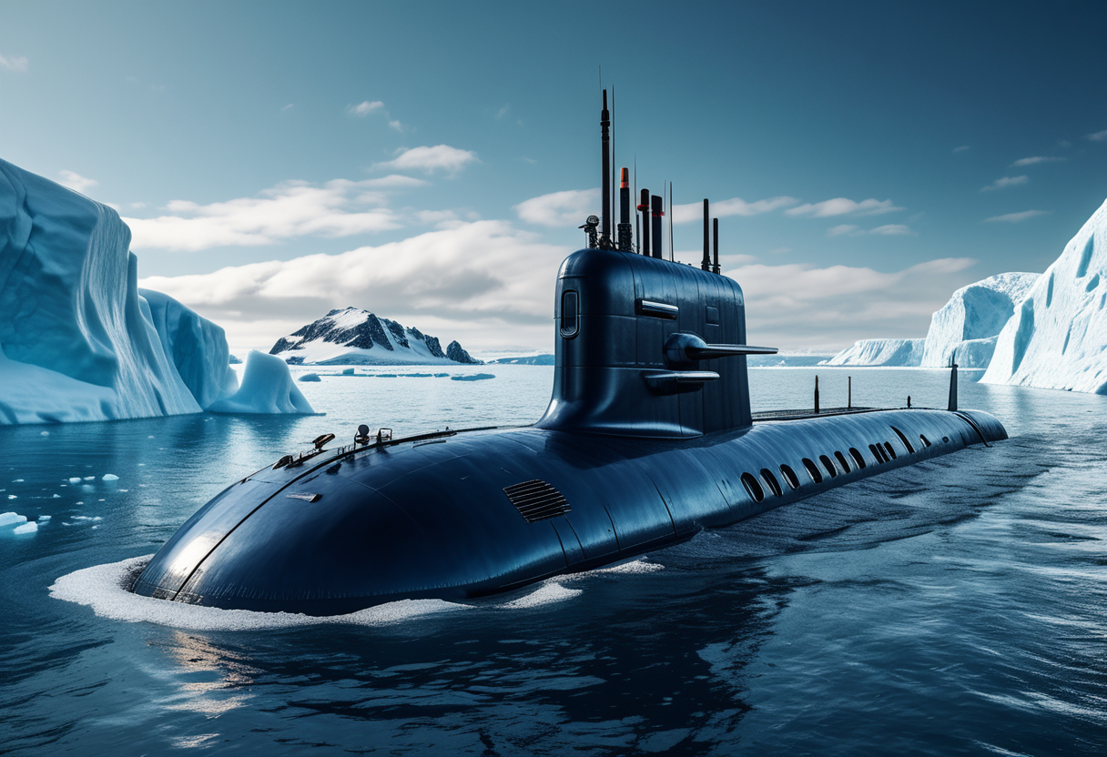 award winning, (professional photo) of (retro-futuristic medium-sized navy-blue submarine) with nano-material hull, hybrid propulsion systems, elegant curves,   the submarine is navigating through  an icy Arctic ocean, with snow-covered icebergs, deep, cold waters, a remote and untouched underwater world, , creative, beautiful, vibrant, masterpiece, 64k, UHD, HDR, full view, atmospheric lighting, extremely detailed