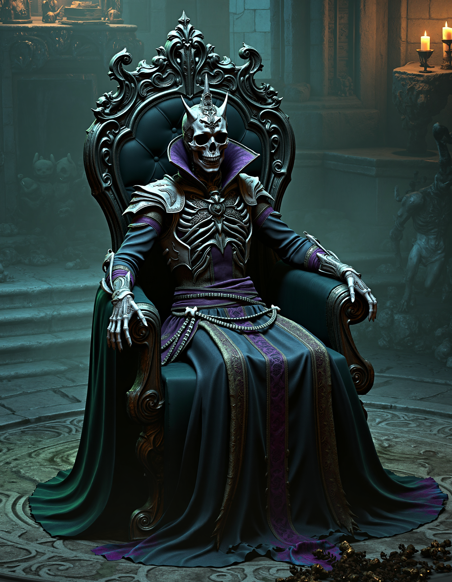 zavy-lch,High-angle view capturing the lich queen seated on her dark throne, cloaked in tattered robes with skeletal hands elegantly draped over the armrests, surrounded by swirling shadows. In a desolate castle chamber illuminated by flickering candles, ancient stone walls adorned with sinister carvings. Dark fantasy style with an emphasis on dramatic lighting highlighting her gaunt features and ominous presence. Monochromatic color palette with deep blacks, muted greens, and hints of eerie violet.
