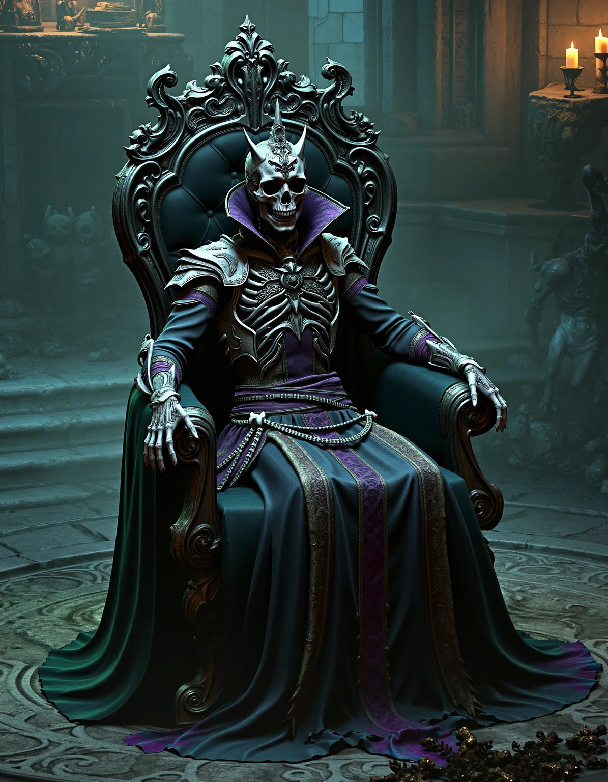 zavy-lch,High-angle view capturing the lich queen seated on her dark throne, cloaked in tattered robes with skeletal hands elegantly draped over the armrests, surrounded by swirling shadows. In a desolate castle chamber illuminated by flickering candles, ancient stone walls adorned with sinister carvings. Dark fantasy style with an emphasis on dramatic lighting highlighting her gaunt features and ominous presence. Monochromatic color palette with deep blacks, muted greens, and hints of eerie violet.