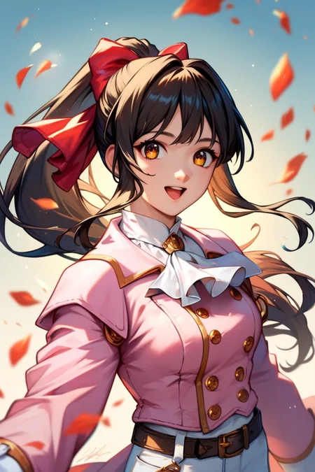 score_9, score_8_up, score_7_up, very aesthetic, source_anime, detailed, high quality, beautiful, masterpiece, detailed eyes,
blurry background, simple background,
<lora:lightXL:0.8>
cowboy shot, smile, open mouth,
looking at viewer, upper body, dynamic pose,
<lora:sakuraS_autismConfetti_v01:0.95>
black hair, high ponytail, hair ribbon, red ribbon, brown hair, red bow, ponytail,
white pants, pink jacket, white gloves, white ascot, belt,, zPDXL