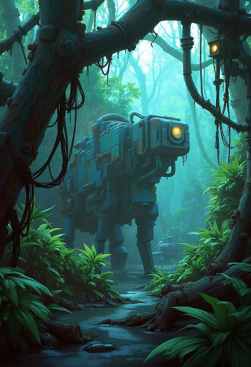 YFG-Hamrater An otherworldly jungle with bioluminescent plants and strange mechanical creatures. The surreal interplay of organic and artificial elements exudes Hamrish Frater's unique visual storytelling.