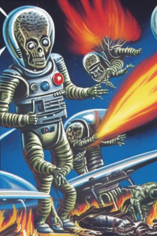 a painting of two aliens in space suits with ray guns in front of a fire with a building in the background in the style marsattacks