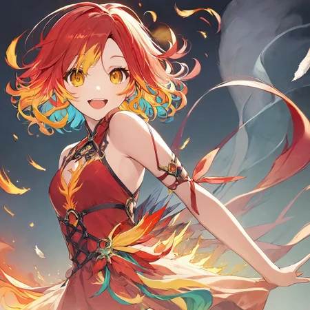 score_9,score_8_up,score_7_up,score_9,score_8_up,score_8,ultra detailed, beautiful face, highres,
BREAK, 1girl, solo, kamiya yuu, no game no life, official art,
gradient hair, multicolored hair, multicolored eyes,
(red hair:1.3), curly hair, yellow hair ends, yellow highlights, phoenix girl, red eyes, yellow eyes, gradient eyes, red dress, bare shoulders, straps, slight cleavage,
happy, looking at viewer, giddy, smile, open mouth,
jyojifuku, dress, phoenix dress, fire element, composed of fire elements, feathers, burning feathers in air,