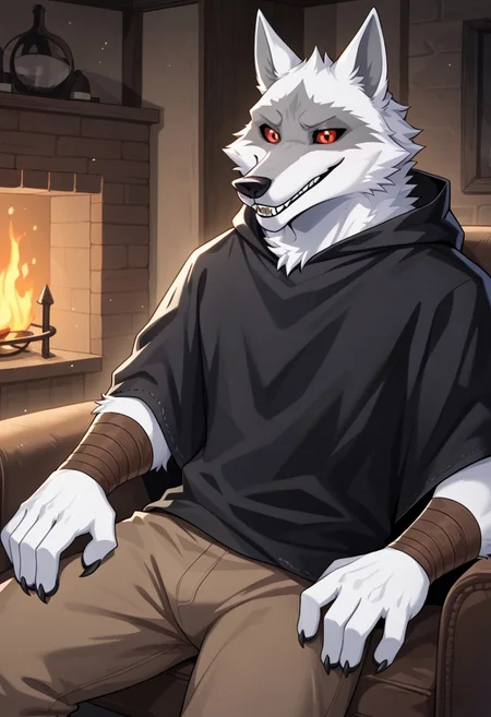 best quality, newest, absurdres, highres, 1boy,solo,Anthro,Deathwolf, Wolf, Black Sclera, Red Eyes, white fur,black hooded cloack,arm bandage,leg bandage,brown pants,living room