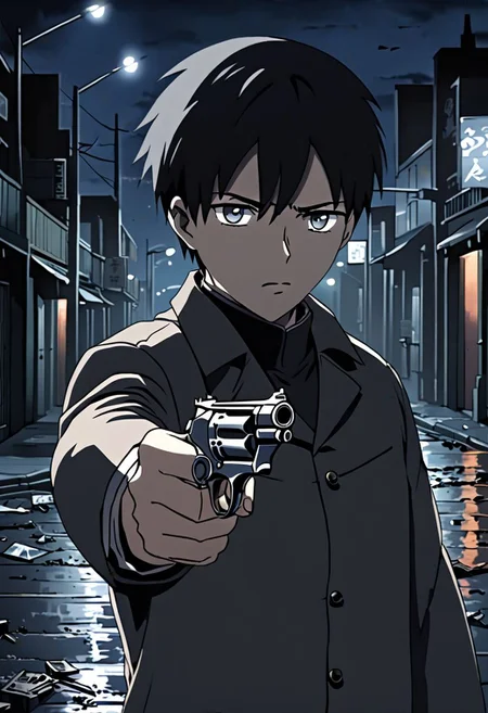Highres, Masterpiece, High Quality, 4K, 8K, solo, 1Boy, Takaki Toono, adult, black hair, short hair, potrait, midnight, quiet street, big city, dim street lights, scattered trash, dirty, cold, tense, mysterious, sharp eyes, merciless, threatening, pointing a gun, revolver, weapon, pointing at the viewer, threatening, easynegative, detailed_eye_model