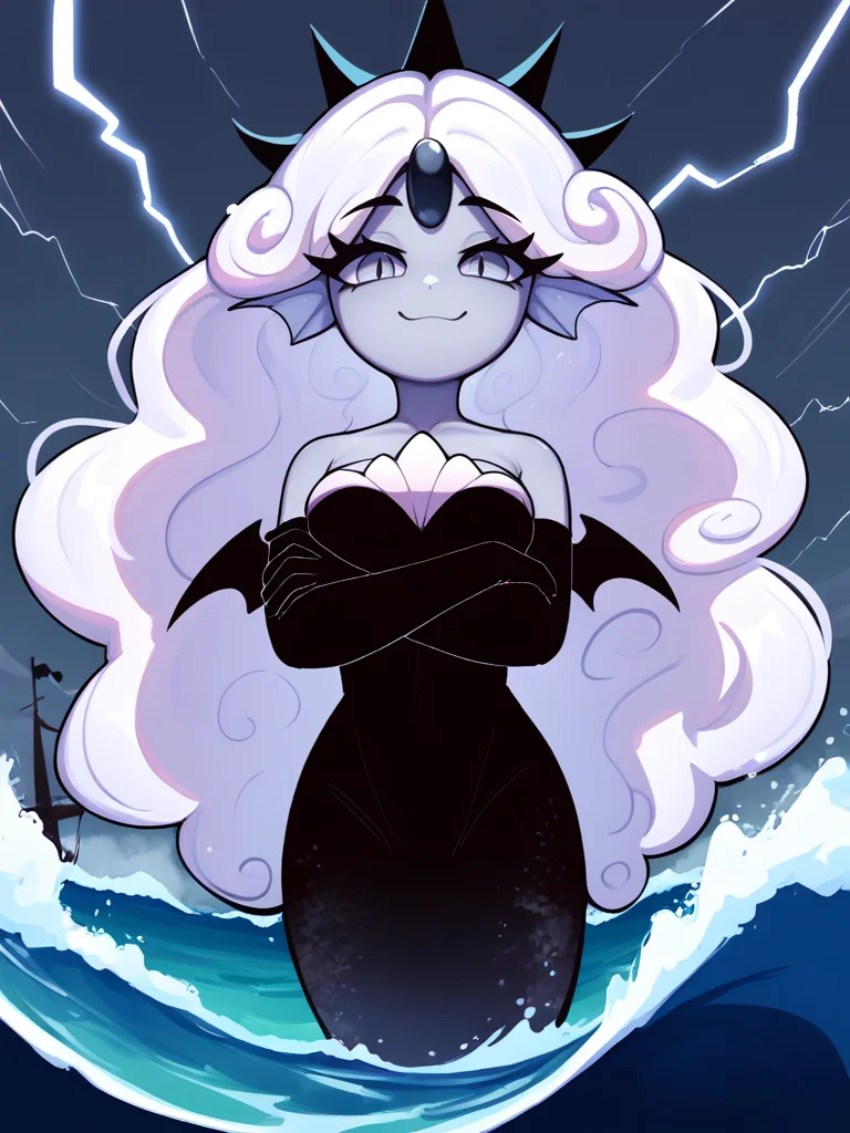 score_9, score_8_up, score_7_up,
1girl, solo, black dress, grey skin, dark-skinned female, grey eyes, eyelashes, white hair, black elbow gloves, head fins, dot eyes, black pearl, black forehead jewel, no nose, mermaid, smug, giantess, ship, crossed arms, slit pupils, breasts,
ocean, grey sky, thunder, grey clouds, rain, lightning, waves, night,
<lora:black_pearl_cookie:1>