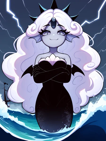 score_9, score_8_up, score_7_up,
1girl, solo, black dress, grey skin, dark-skinned female, grey eyes, eyelashes, white hair, black elbow gloves, head fins, dot eyes, black pearl, black forehead jewel, no nose, mermaid, smug, giantess, ship, crossed arms, slit pupils, breasts,
ocean, grey sky, thunder, grey clouds, rain, lightning, waves, night,
<lora:black_pearl_cookie:1>