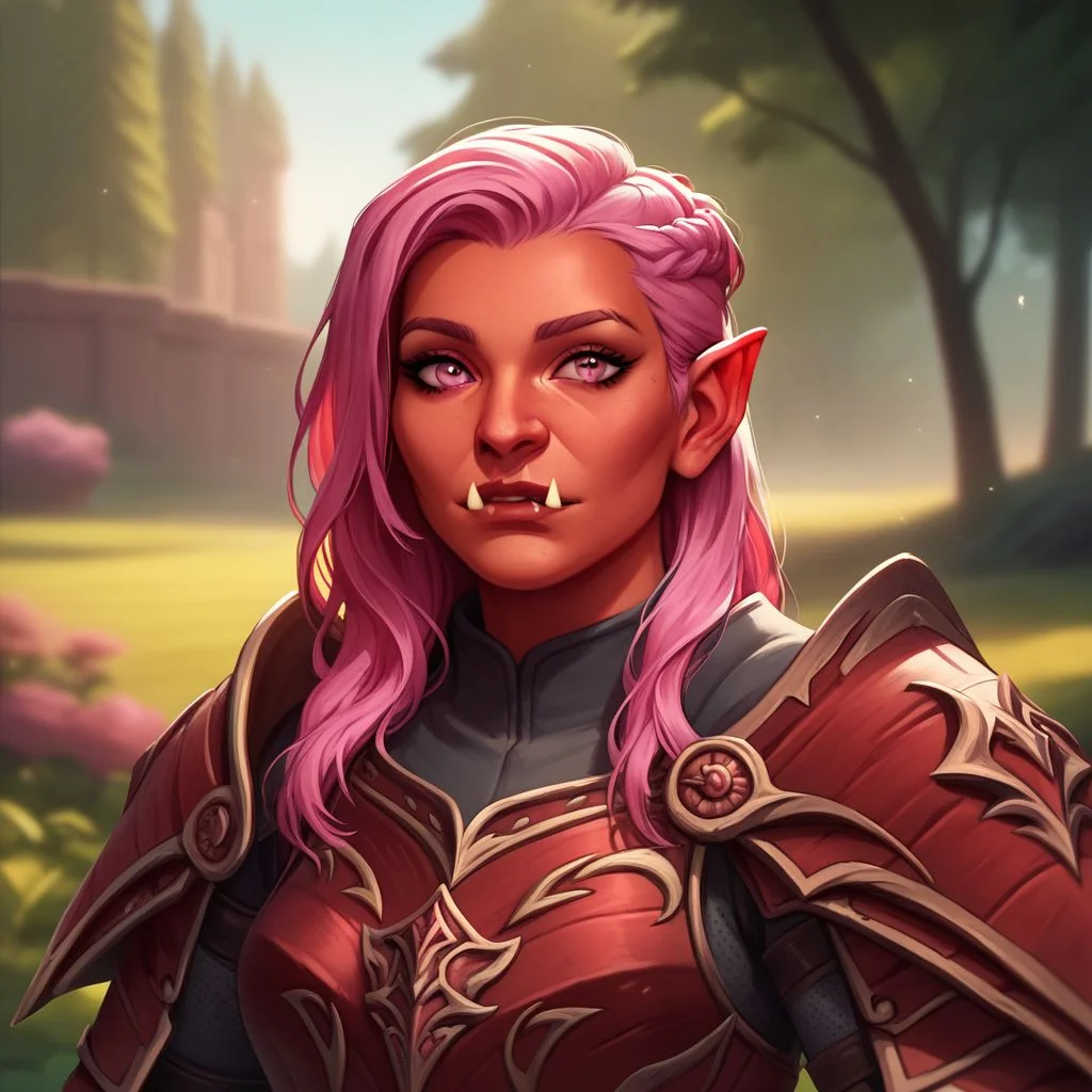 (((beautiful, high quality))), upper body, score_9, score_8_up, score_7_up, solo,
looks at the viewer,
Hobgoblin, red skin, fangs, big nose, 1girl, pink eyes, long pink hair, armor,
outdoor, fantasy background, nature, blurred background,