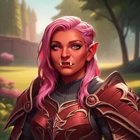 (((beautiful, high quality))), upper body, score_9, score_8_up, score_7_up, solo,
looks at the viewer,
Hobgoblin, red skin, fangs, big nose, 1girl, pink eyes, long pink hair, armor,
outdoor, fantasy background, nature, blurred background,