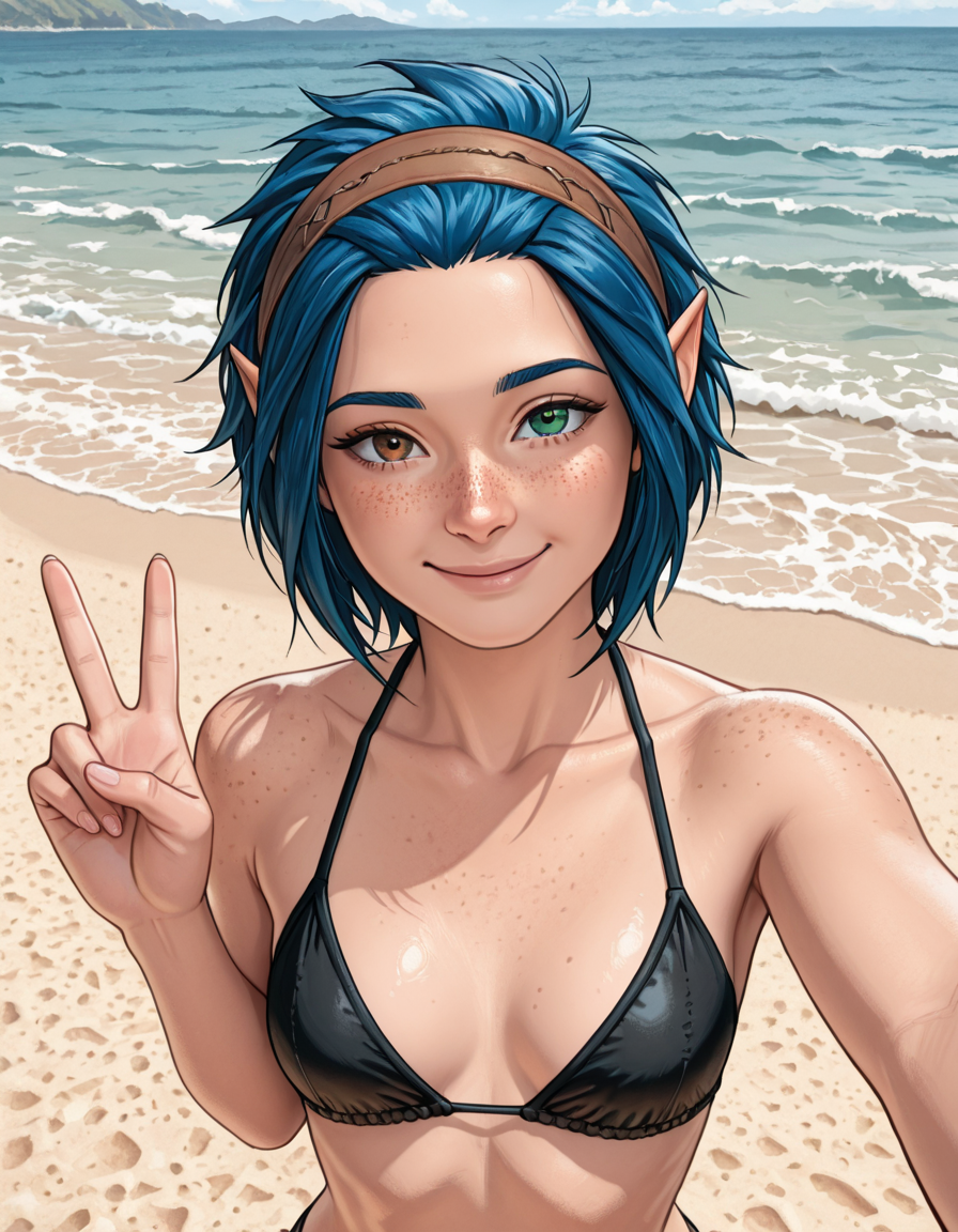 <lora:Aponi:1> 1girl, aponi, blue hair, , short hair, pointy ears, heterochromia, green eyes, brown eyes, freckles,, masterpiece,best quality,amazing quality,newest, absurdres, highres, detailed eyes, beautiful, perfect eyes, finely detailed face, very aesthetic,, arm out selfie, v, black bikini, beach, ocean, Sunny, smile,