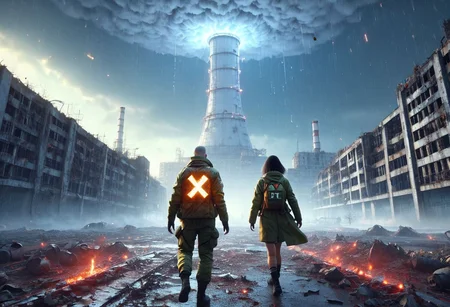OPPENHEIMER, Scum game background, Chernobyl disaster, The nuclear power plant was destroyed after the explosion , Intercontinental ballistic missile Nuclear weapon, Russian alphabet, Apocalypse,girl, fire, glowing x, minimalist short outfit, anti social , escapade running, falling snow, cyberpunk ruined ancient city, intricate details,8k post production, faithful, Religious denomination, cinematic color